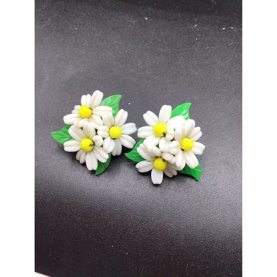 Glass Daisy Clip On Earrings West Germany White G… - image 1