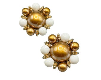 Vintage Gold & White Beaded Clip On Earrings Fun Beads Clusters Domed Flower