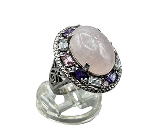 Pink Quartz Ring Size 9 Sterling Silver Statement Ring Pink Purple Stones 925
