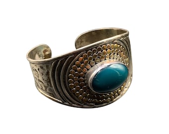 Wide Cuff bracelet Sterling Silver and green semi precious stone bracelet large size 8"
