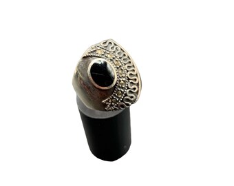 Black Onyx Ring Sterling Silver Wide Statement Ring Size 8.5 Ornate Ring