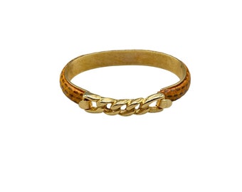 Vtg 80s 90s Snakeskin Bracelet Hinged Bangle Tan Color with Gold Plated Chain