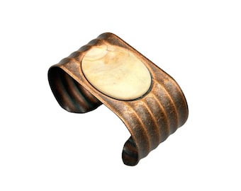 Wide Copper Cuff Bracelet with Oval Stone Accent Vintage Metal Jewelry