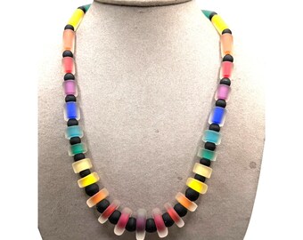 Vintage Vibrant Frosted Rainbow Glass Necklace Black Round Bead Statement Jewelry