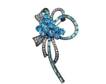Blue Rhinestones Brooch Bow Bouquet Ribbon Pin Aurora Borealis Dazzling Crystals