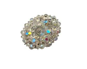 Vintage Sparkling Aurora Borealis Crystal Rhinestone Brooch Pin Silver Tone Oval