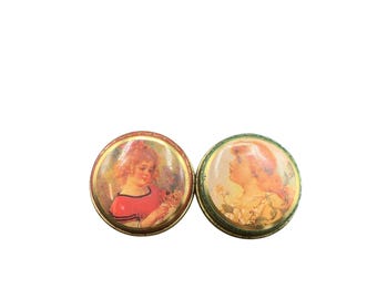 Vintage Tin Boxes Set of 2 Pill Boxes Or Trinket Boxes with Faces Printed