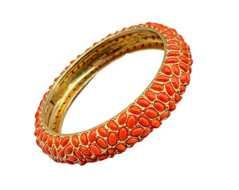 IMAN Coral Plastic Cabochon Bangle Bracelet Gold Tone Classic Vintage Design