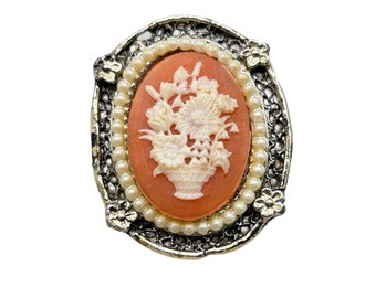 Vintage Resin Cameo Brooch Floral Vase Design Faux Pearls Frame Double As Clasp