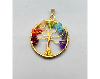 Handcrafted Tree of Life Pendant Gold Tone Wire Colorful Semiprecious Stone Chip