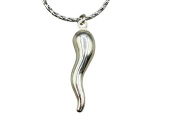 Vintage Sterling Silver Italian Horn Pendant Cornicello On Silver Plated Chain Necklace