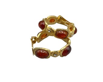 Signed Kenneth Lane Clip On Hoops Earrings Flawed Faux Carnelian Cabochons