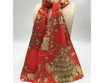 Echo Vibrant Red with Gold Print 100% Silk Scarf Spiral Leaves Rectangular Scarf