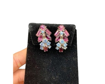 Purple and Blue Clip On Rhinestones Earrings Fancy Rhinestones Vintage Clips