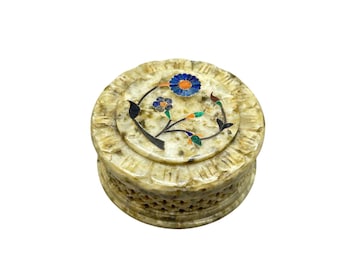 Vintage Soapstone Trinket Box Round Floral Semi Precious Stone Inlay