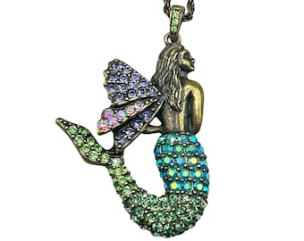 KIRKS FOLLY  Mermaid Necklace Aurora Borealis Crystals Winged Fairy Mermaid Pendant