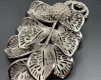 Statement Judy Lee  brooch brushed silver tone oversized leaf pin
