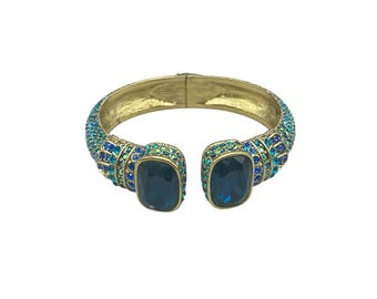 HEIDI DAUS Blue Clamper Bracelet Hinged Bangle 7" Gold Tone Crystals Bracelet