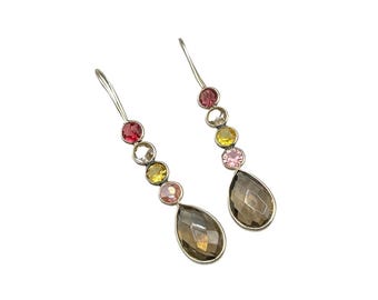 Sterling Silver Dangles Earrings Colorful Open Back Bezel Set Pastel Gemstones