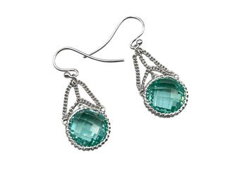Sterling Silver Aqua Blue Earrings Pierced Dangles Silver 925 Chain Drops And Faceted Stone