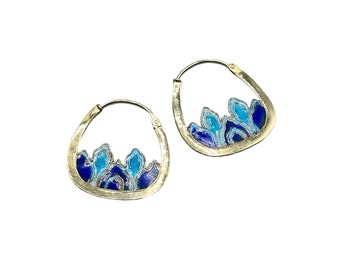 Antique Enameled Hoops Earrings Blue & Teal Flames Design On One Side Only