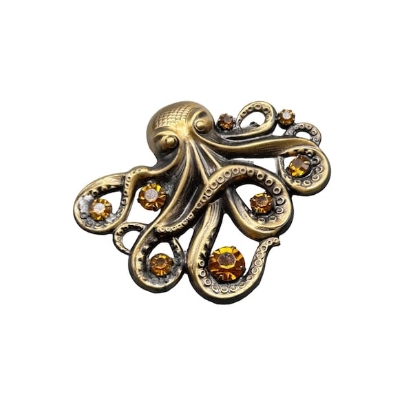 Vintage Octopus Brooch Topaz Color Rhinestone Sea Animal Repousse Stamping Style