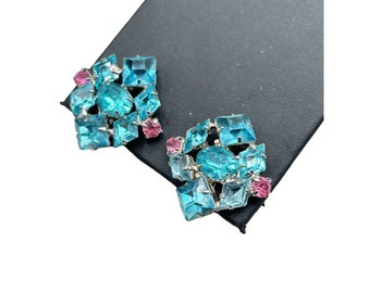 Vintage Blue & Pink Rhinestones Earrings Clip On Silver Tone Costume Jewelry