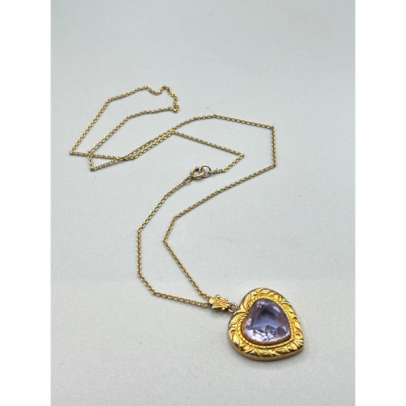 Victorian Heart Necklace Purple Glass Ornate Repo… - image 1