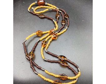 Robert Rose Long Necklace Earthy Colors All Glass Topaz Opaque Satin Beads