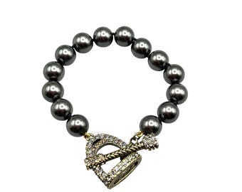Faux Black Pearls Bracelet Crystals Toggle Clasp Beaded HEIDI DAUS Jewelry