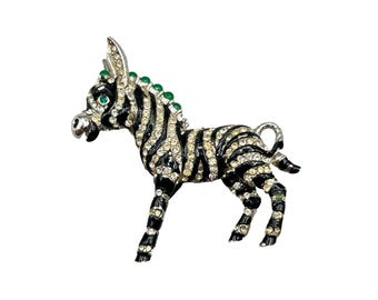 Vintage Ciner Zebra Donkey Brooch with Crystal Rhinestones & Green Accents