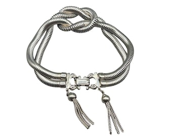 Vintage Silver Tone Bracelet Snake Chain With Tassels And Knot Design 7.5" long