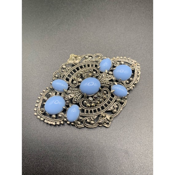 Vintage brooch Blue Glass Cabochons and marcasite… - image 1