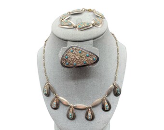 Made in Israel Jerusalem Sterling Silver Jewelry Set Necklace Bracelet Brooch