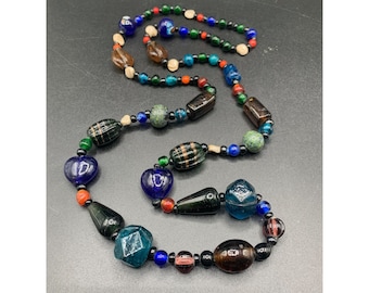 Vintage Ethnic Molded Glass Beads Necklace Colorful primitive Style Single Strand Beaded Necklace