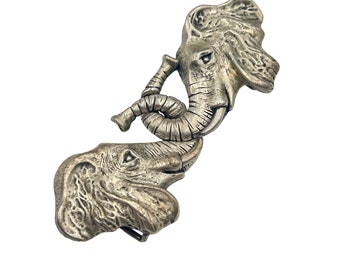 Signed PAQUETTE Elephants Belt Buckle Vintage Statement Accessories Silver Tone