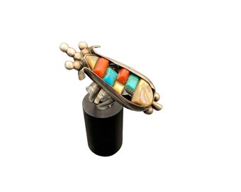 Native American Corn Ring Sterling Silver Stones Inlay Statement Ring Size 8