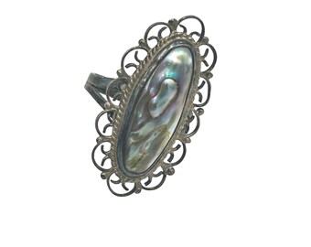 Abalone & Sterling Silver Statement Ring Size 6 Elongated Oval Filigree Setting