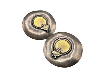 Vintage Sterling Silver Earrings Handcrafted Large Studs Geometric Gold Accents