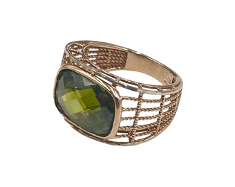 Sterling Silver 925 Green Peridot Ring Size 7 Rose Gold Overlay Faceted Stone