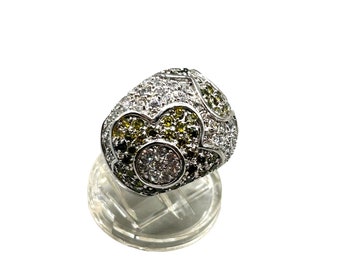 Vtg Sterling Silver AK 925 Domed Floral Design Ring Size 5.75 CZ Pave Sparkly