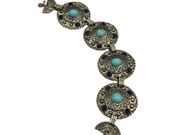 Vintage Wide Panel Bracelet Ornate Round Links Blue Cabochons Red Rhinestones