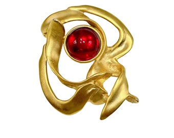 Vintage Big Oversize Brooch Matte Gold Tone with Red Cabochon Free Form Abstract