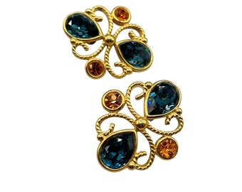 Vintage Napier Earrings Blue and Topaz Rhinestones Gold Tone Pierced As Is