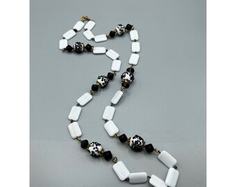 Vintage FREIRICH Necklace Black White Beaded Strand Glass Beads Designer Jewelry