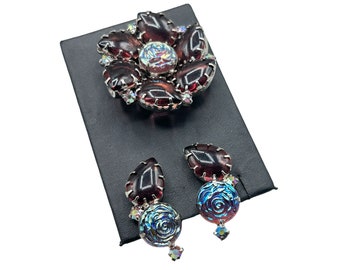Vintage Rhinestones Brooch and Clip On Earrings Set Purple Iridescent Flower