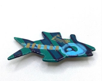 Handmade Fish Brooch Hand Painted & Glazed Ceramic Animal Figural Pin Blue Fish