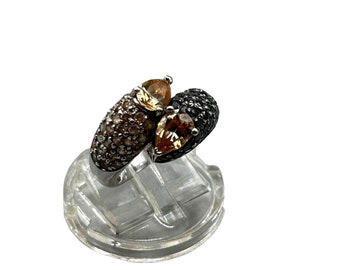 Citrine & Black Spinel Ring Size 7 Sterling 925 Contrasting Colors Bypass Ring