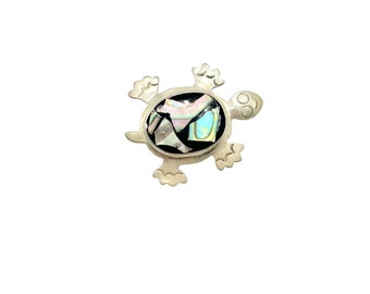 Vintage Alpaca Silver Mexico Turtle Pin Brooch with Abalone Shell & Stone Inlay