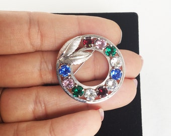 Gold filled vintage circle brooch multi color stones CARLA 12K G.F.  white gold color wreath pin with leaves